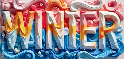 Abstract style winter banner design with typography and colorful fluid shapes.