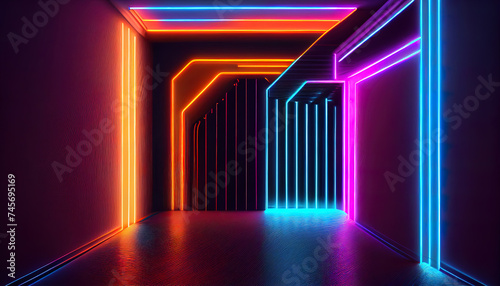 Neon corridor, geometric background. AI generated.