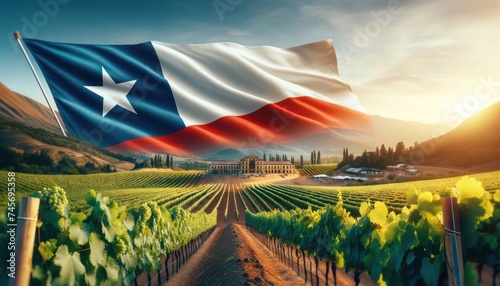 Chilean flag in focus with a vineyard backdrop, symbolizing wine heritage photo