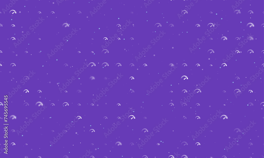 Seamless background pattern of evenly spaced white tachometer symbols of different sizes and opacity. Vector illustration on deep purple background with stars Seamless background pattern of evenly spaced white tachometer symbols of different sizes and opacity. Vector illustration on deep purple background with stars