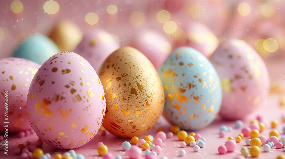 Easter card with pastel colors Easter eggs with gold decor on pink background. idea for easter decor Easter card with pastel colors Easter eggs with gold decor on pink background. idea for easter decor