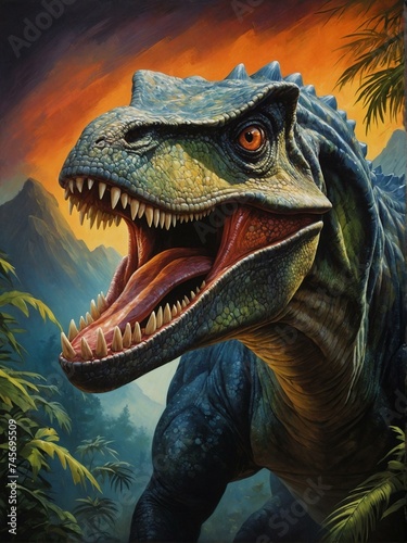 A hyper-realistic illustration of a ferocious dinosaur roaring amidst lush greenery  invoking primal power