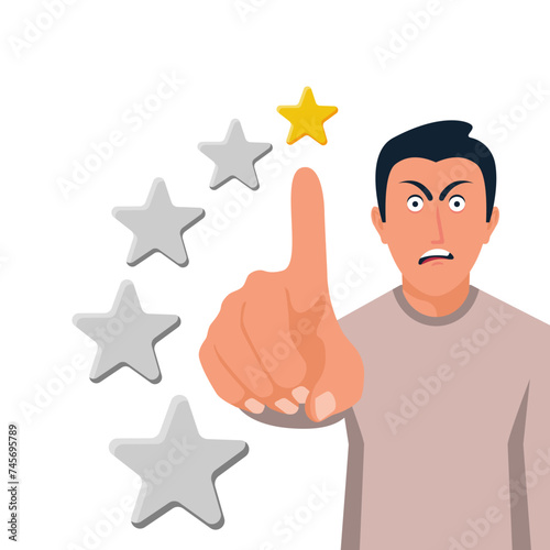 The person gave a bad rating. People give feedback. Dissatisfied customer experience. Unhappy customer with sad face, bad review. Vector illustration flat design. Isolated on white background.