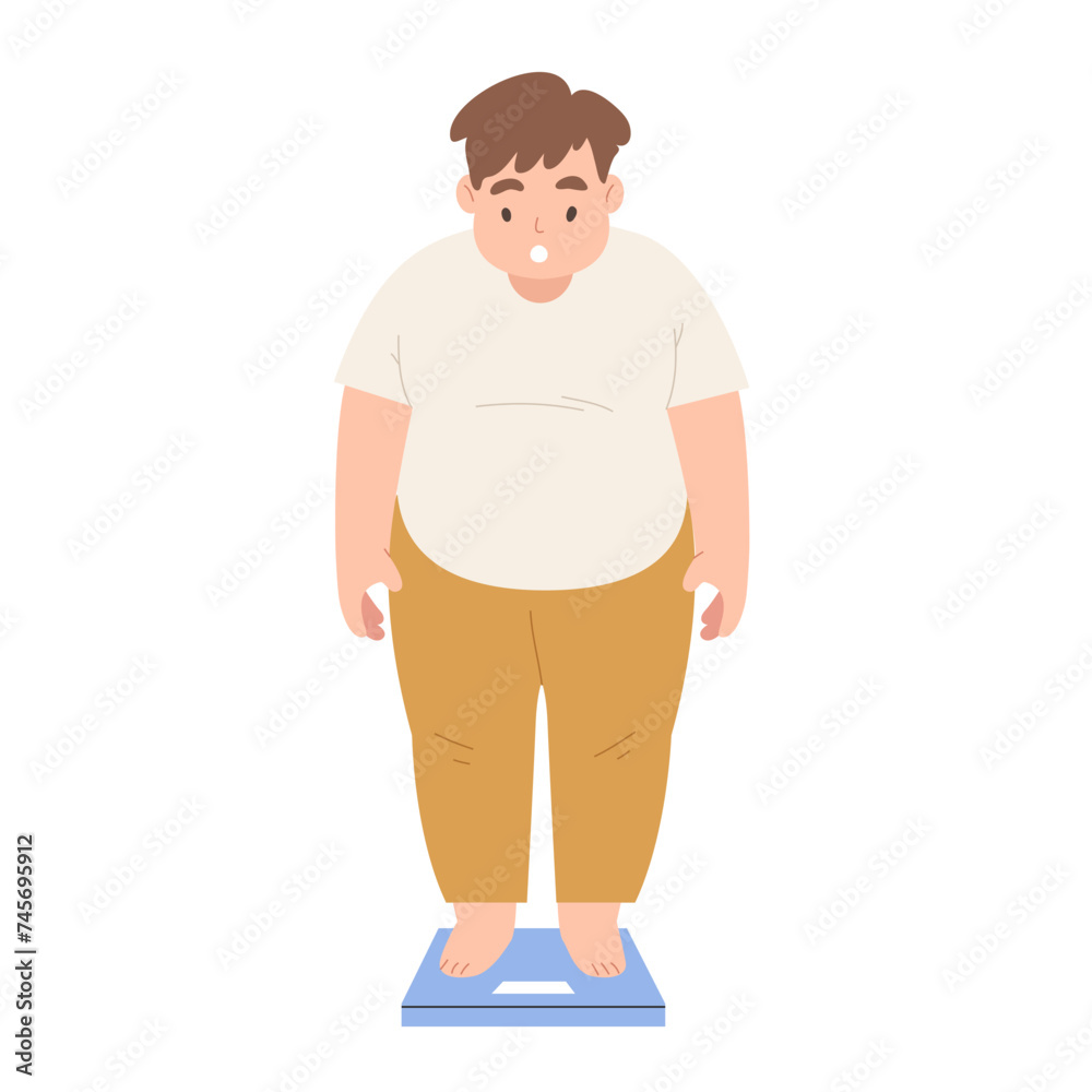 Young man standing on scales to check his weight character isolated on white background. Flat vector illustration. Young man standing on scales to check his weight character isolated on white background. Flat vector illustration.