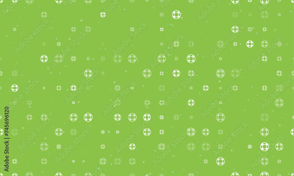 Seamless background pattern of evenly spaced white lifebuoy symbols of different sizes and opacity. Vector illustration on light green background with stars