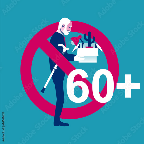 Elderly fired. Dismissed elderly. Fire old man. Dismissal of a pensioner. Age discrimination. Retirement. Job loss due to age. Vector illustration flat design. Isolated on white background.