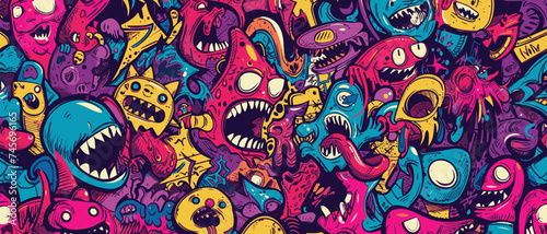 Abstract graffiti cartoon monsters, ghosts and strange beings. Hand drawn doodle pattern