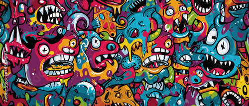 Abstract graffiti cartoon monsters, ghosts and strange beings. Hand drawn doodle pattern