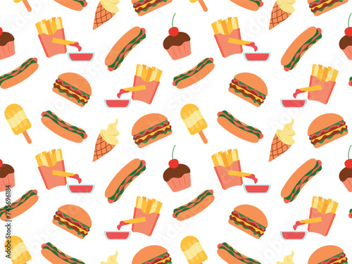 Seamless pattern with fast food. Burgers, fries, hot dogs hand drawn. vector illustration for wallpaper, wrapping paper, textile, t-shirts © Екатерина Бырька