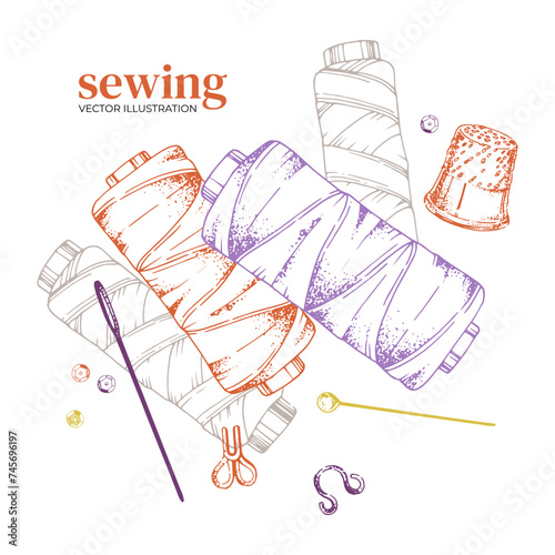 Threads for sewing, embroidery and handicrafts. Bobbin, thimble to protect the finger, needles, pins, metal hooks. Vector illustration