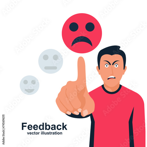 The person gave a bad rating. People give feedback. Dissatisfied customer experience. Unhappy customer with a sad face, and bad review. Vector illustration flat design. Isolated on a white background.
