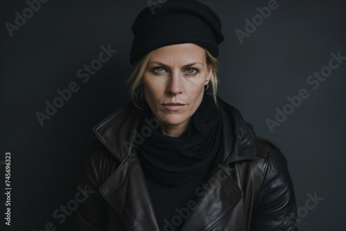 Portrait of a beautiful woman in a black hat and leather jacket