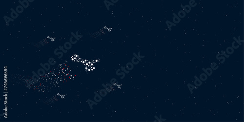 A cordless angle grinder symbol filled with dots flies through the stars leaving a trail behind. There are four small symbols around. Vector illustration on dark blue background with stars