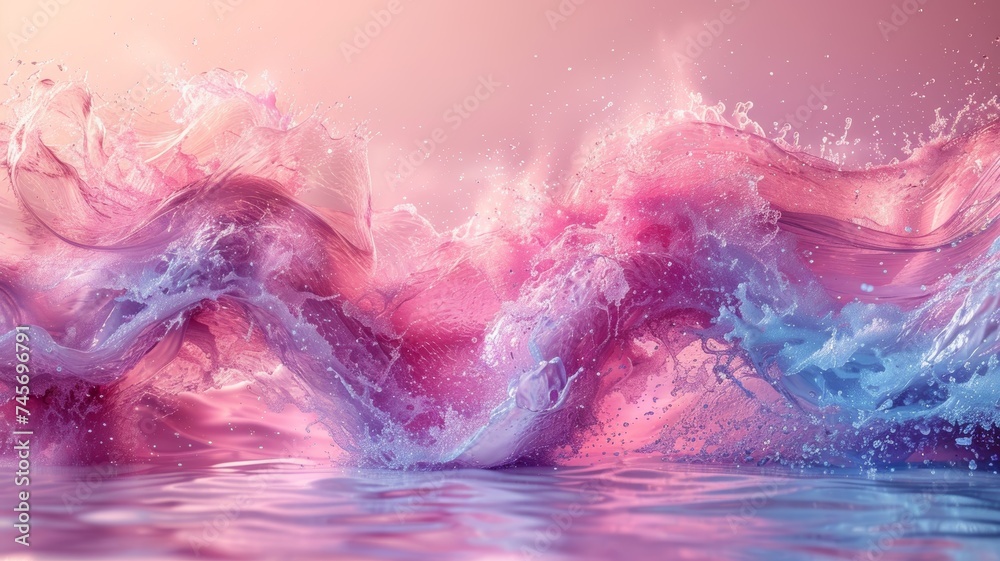 Pink background with a splash of water, pink and blue water splash, wave of splashing water, water gulf, pink flowing water