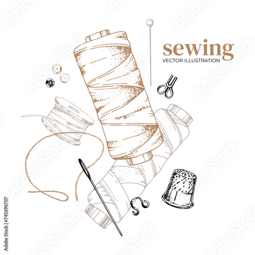 A set of threads, needles, bobbins for sewing and needlework. Sewing accessories. Clothing repair. Courses: Cutting and sewing. Vector illustration for background design, packaging, banner