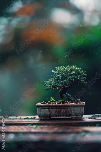 A small bonsai tree placed on a wooden table with a blurred background