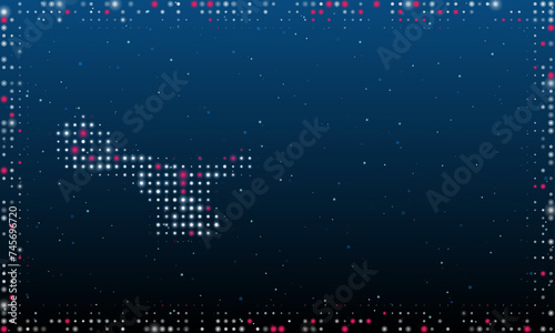 On the left is the cordless angle grinder symbol filled with white dots. Abstract futuristic frame of dots and circles. Vector illustration on blue background with stars