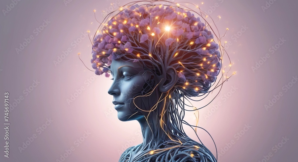 human brain tree model face with glowing pulses and cut electrical ruler human brain tree model face with glowing pulses and cut electrical ruler