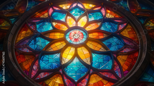 Intricate floral patterns and vibrant colors showcased in a beautifully crafted stained glass window array. © feeling lucky
