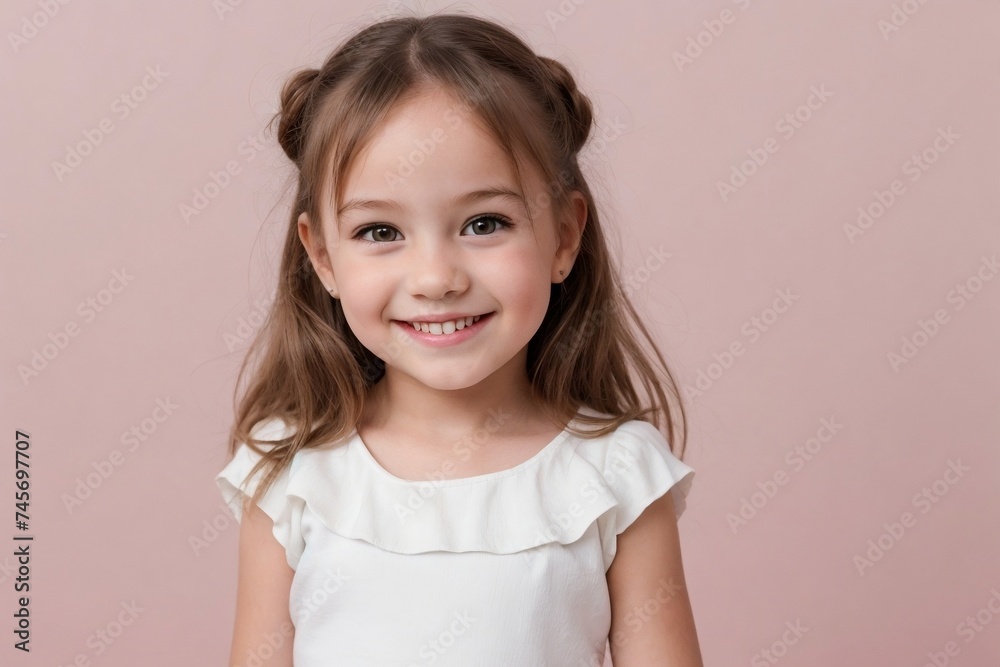 Happy cute little girl wearing white clothes standing against a pink background with copy space. Happy cute little girl wearing white clothes standing against a pink background with copy space.