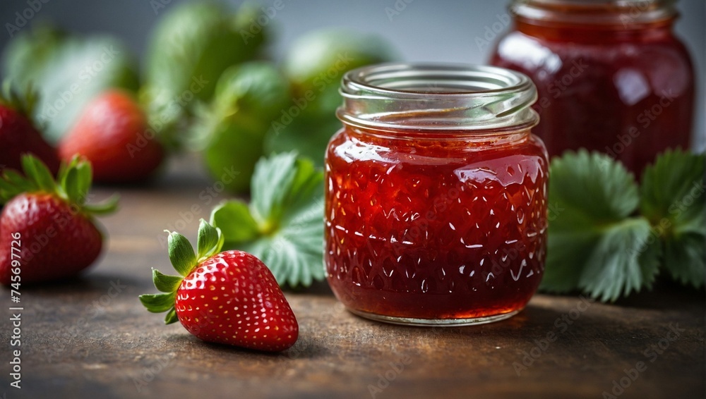 Vibrant strawberry jam in glass jars accented by fresh berries and green leaves around Vibrant strawberry jam in glass jars accented by fresh berries and green leaves around