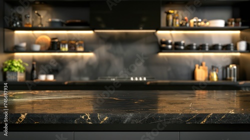 Modern black marble tabletop against blurry kitchen background, ideal for product displays