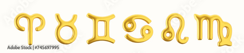 3d golden zodiac sign Aries, Taurus, Gemini, Cancer, Leo and Virgo on a white background.