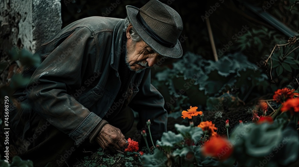 Senior man looking at bright flowers in his garden