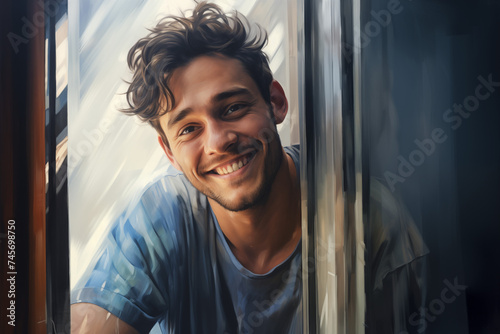 Mann reflektiert in Fensterscheibe, Reflektion in Glas, lachender Mann, Lächeln