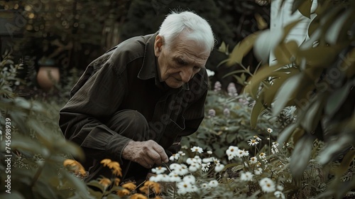 Elderly man in the evening looking at flowers in his garden