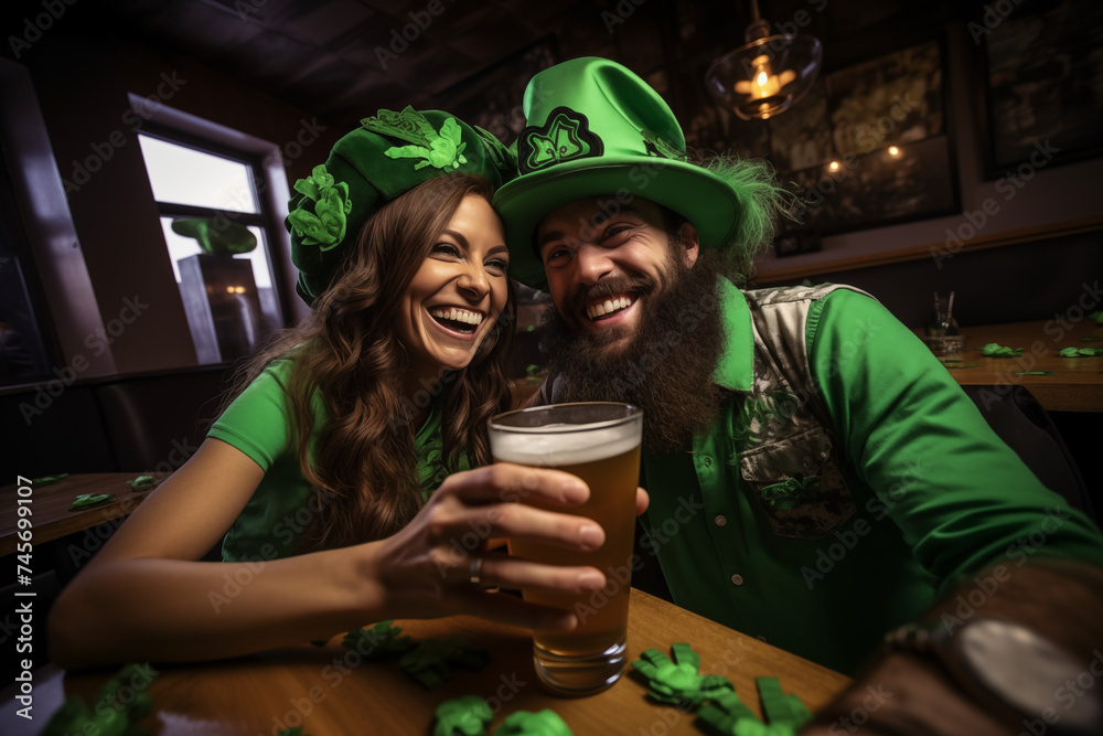 Gruppe von Personen feiert in einer Bar den St Patrick's day, Grüne Klamotten, Bier und Party Gruppe von Personen feiert in einer Bar den St Patrick's day, Grüne Klamotten, Bier und Party