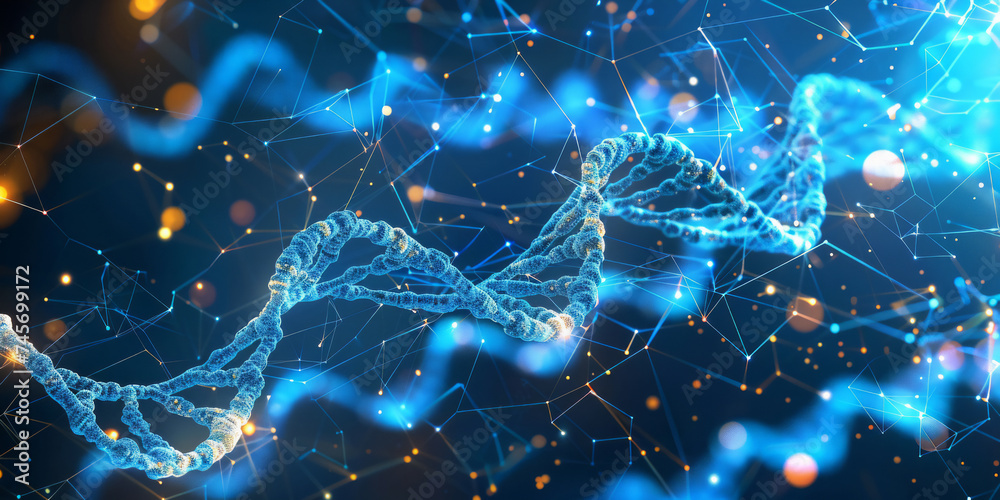Double helix, genetic information, or mutation, engineering. Glowing fantasy DNA spiral, in blue, gold hues, twisting against blurred backdrop. Banner for science, research, health. Double helix, genetic information, or mutation, engineering. Glowing fantasy DNA spiral, in blue, gold hues, twisting against blurred backdrop. Banner for science, research, health.