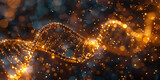 Luminous fantasy DNA spiral in gold hues twisting against blurred backdrop, symbolizing genetic information, mutation, engineering. Perfect for science, research, and health banners.