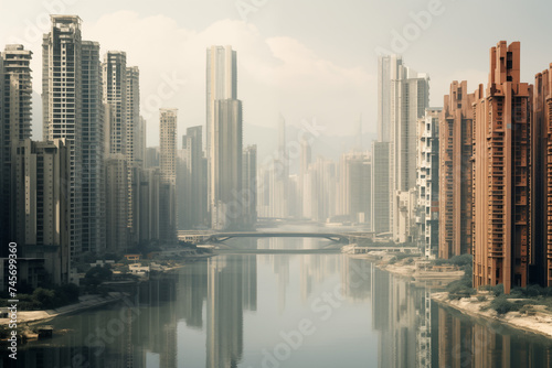 Wohngebiet an einem Fluss mit reicher Skyline im Hintergrund  einfache H  user in Asien  Asiatische Bauweise