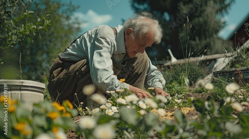 An elderly man in ruffled clothes works with flowers in the garden in the yard of his house © Elena
