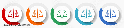 Justice, scales vector icon set, flat icons for logo design, webdesign and mobile applications, colorful round buttons