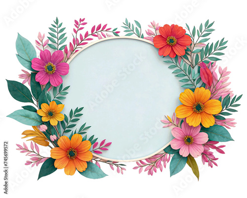 Frame made of different size and color flowers on PNG background. Generative AI.