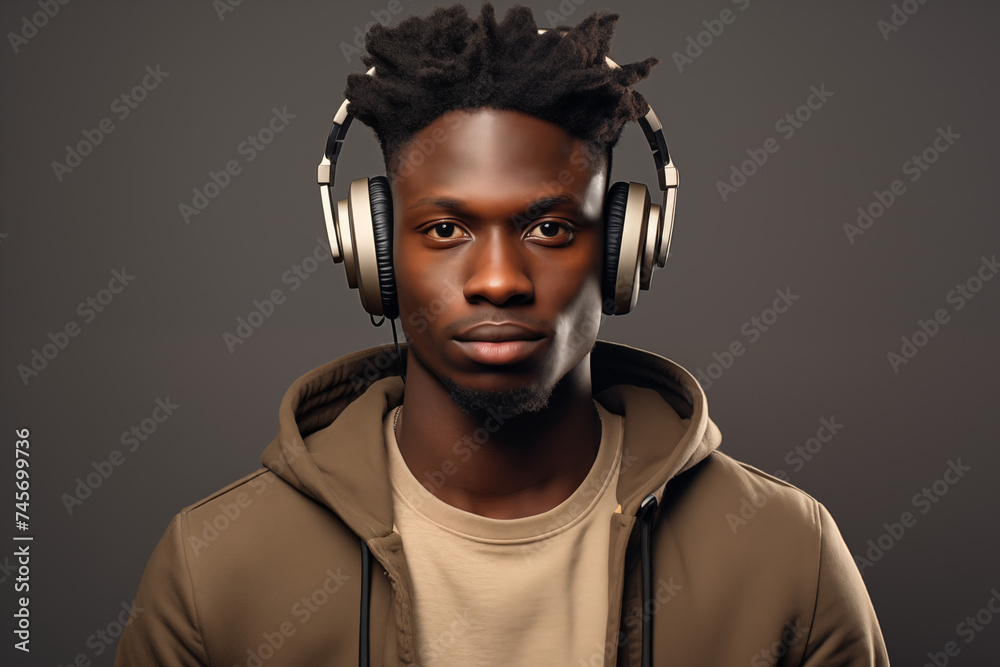 Junger schwarzer Mann trägt stylische Kopfhörer, Mann hört Musik, Fashion Hintergrund - obrazy, fototapety, plakaty 