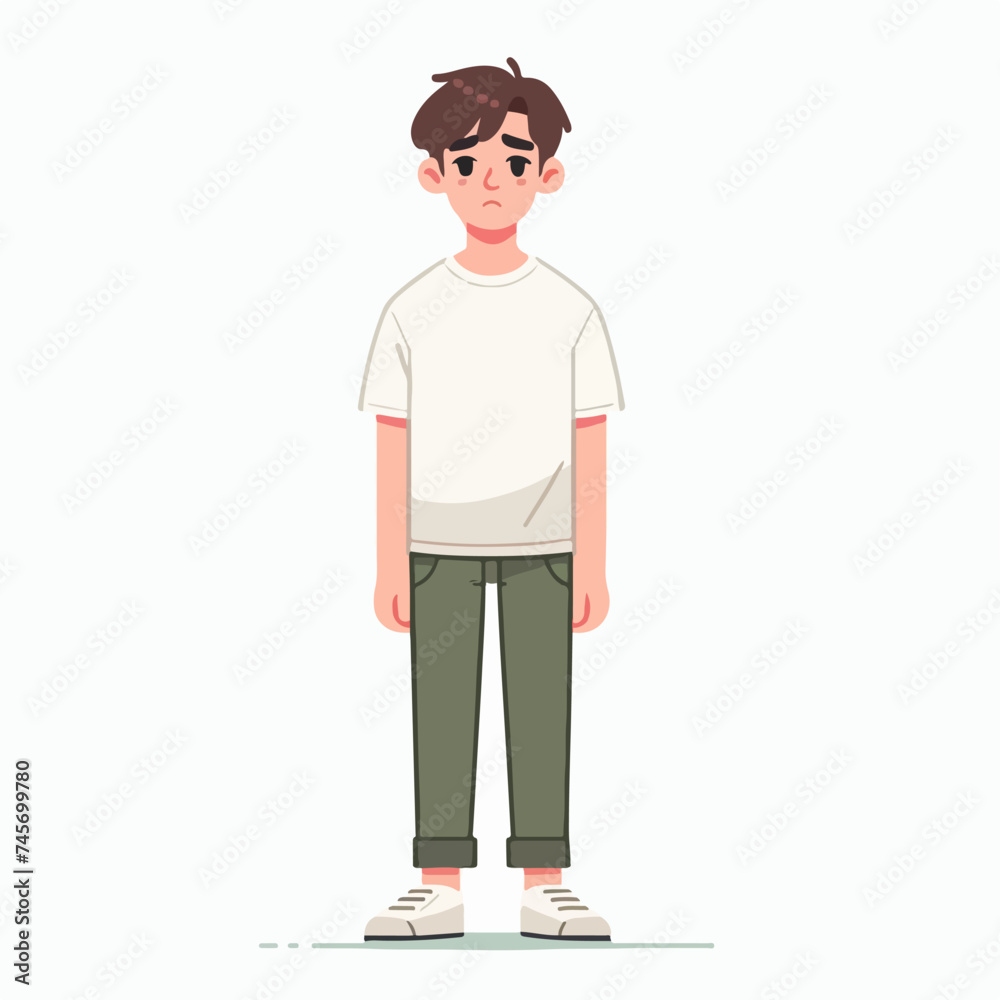 flat design illustration of a young man standing full body with a gloomy, sad, anxious facial expression flat design illustration of a young man standing full body with a gloomy, sad, anxious facial expression