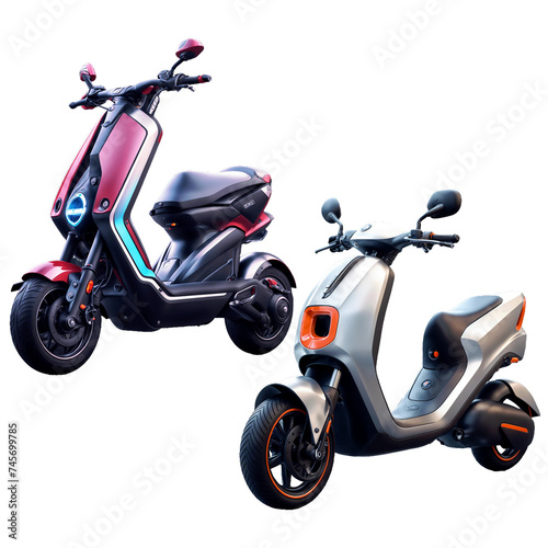 Modern city transport. Electric scooters of different models and colors on PNG background. Generative AI.