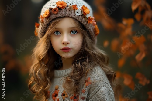 Autumn portrait of a beautiful little girl in a knitted hat and sweater