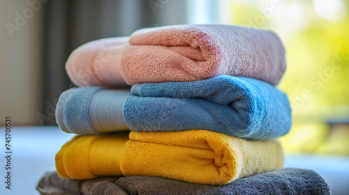 Stack of four soft folded towels on bedsheets, pink, blue, yellow and gray towels on the bed blanket in the hotel bedroom, morning sunlight in the background. Fabric cotton comfort, hygiene service