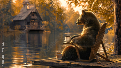 Funny brown bear animal resting and relaxing, drinking coffee from the white cup or mug on the wooden deck, he is sitting on a wooden chair near the lake water, outdoors enjoyment for animal, sunny