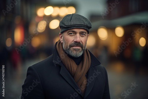 Portrait of a bearded man in a hat and scarf on the street © Iigo