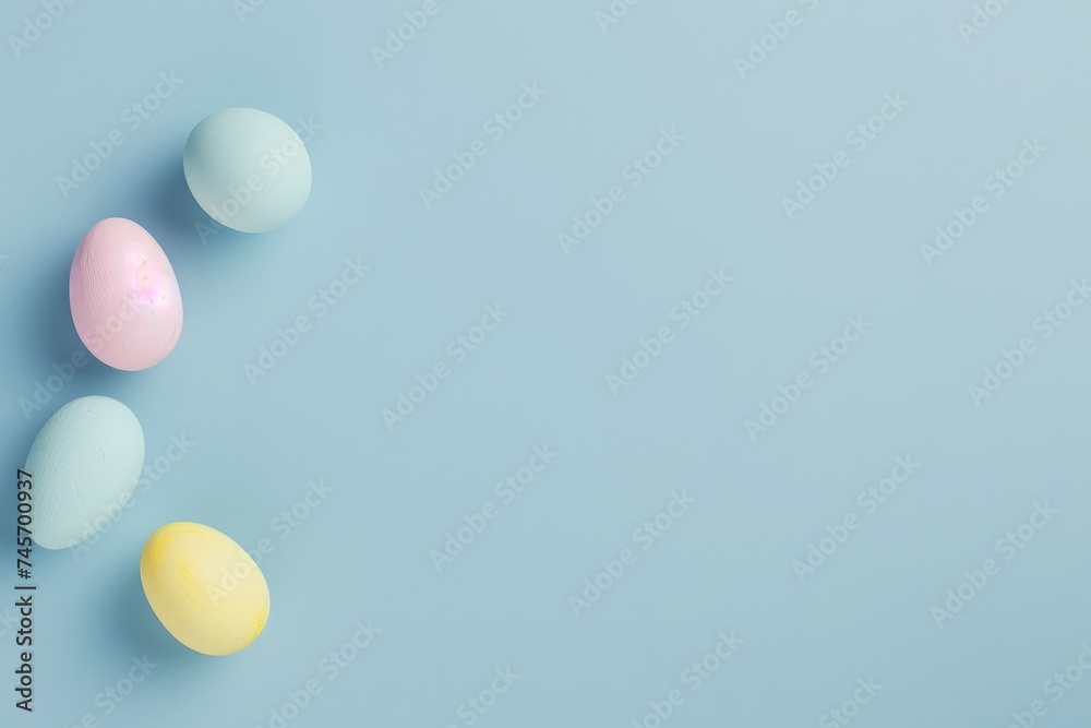 Happy Easter Colorful Easter pink yellow blue pastel eggs flat lay on blue background. minimal creative Easter layout for congratulations. Banner with copy space for text. Greeting card or banner