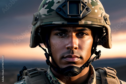 Close-up of a focused usa soldier in camo attire with a helmet against a dusky sky. Confident us soldier in camouflage gear © Alex Vog