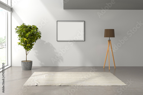 3d render empty interior design parquet floor and  lampshade , photo frame photo