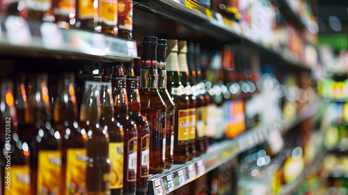 Rows of alcohol bottles on shelf in supermarket photo