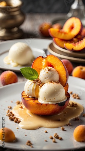 A realistic food photograph featuring a Grilled peach with vanilla ice cream crafted in molecular kitchen style, digital art