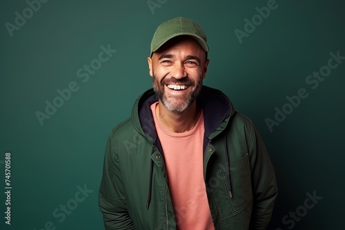 Portrait of a smiling casual man in cap and green jacket.